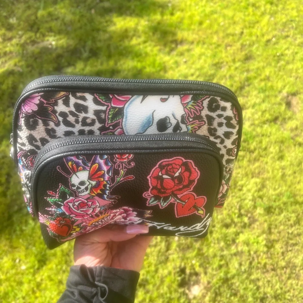 Ed Hardy Black Floral Heart Cosmetic Pouch with Pink & Red Accents